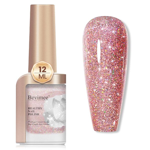 Bevimee Glitter Nail Polish Quick Dry 12ML Shimmer Holographic Reflective Nail Polish Air Fast Drying Iridescent nail polish Light Brown Varnish Nail Lacquer Nail Art for Beginner-1PC