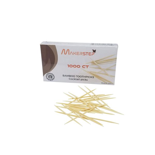 Makerstep 100% Natural Bamboo Toothpicks 1000 Pieces, Sturdy Cocktail Safe Large Round Storage Box Party Appetizer Olive Barbecue Fruit Teeth Cleaning Art Crafts