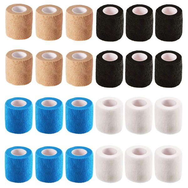 24 Rolls Aleaf Self Adhesive Tape Self Taping Elastic Bandages Elastic Breathable Non-woven Fabric Sports Protection Pet Care 2.0 x 15.7 ft (5 cm x 4.5 m) (6 White, 6 Blue, 6 Complexion)