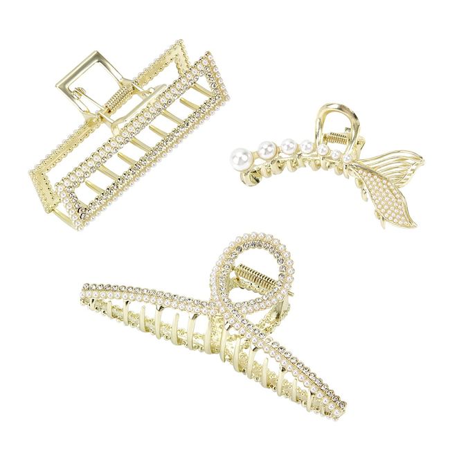 BELICOO 3 Stücke Haarklammer Metall, große Haarklammern Banane Haarspange Starke Halt Haarspange Clips, Haarspange Clips Haarzubehör für Frauen und Mädchen (Gold Perle)