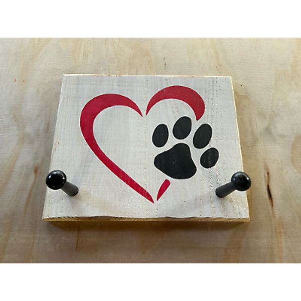 Pet Leash Holder Wall Mount Wood 10.75" x 9" 2 Pegs W/Heart