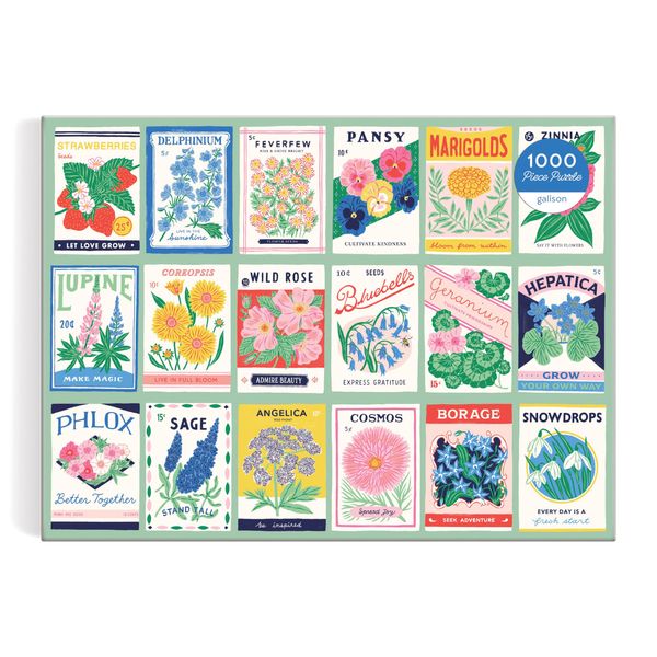 Galison Ever Upward – 1000 Piece Puzzle Fun and Challenging Activity with Bright and Bold Artwork of Vintage Style Flower Seed Packets for Adults and Families