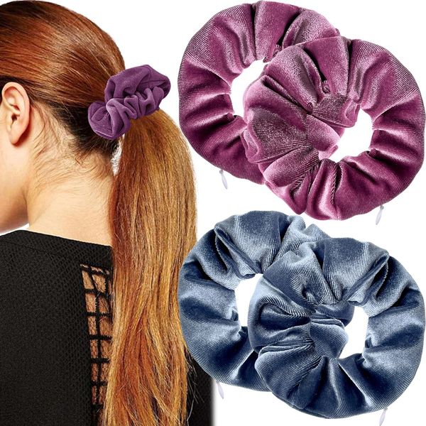 4PCS Women's Hair Ties,with Zip Hidden Pocket Velvet Headbands,Travel Gadgets, Secret Hair Ties, Soft Ponytail Hair Ties, Ball Head Curly Hair Ties(Color 3)