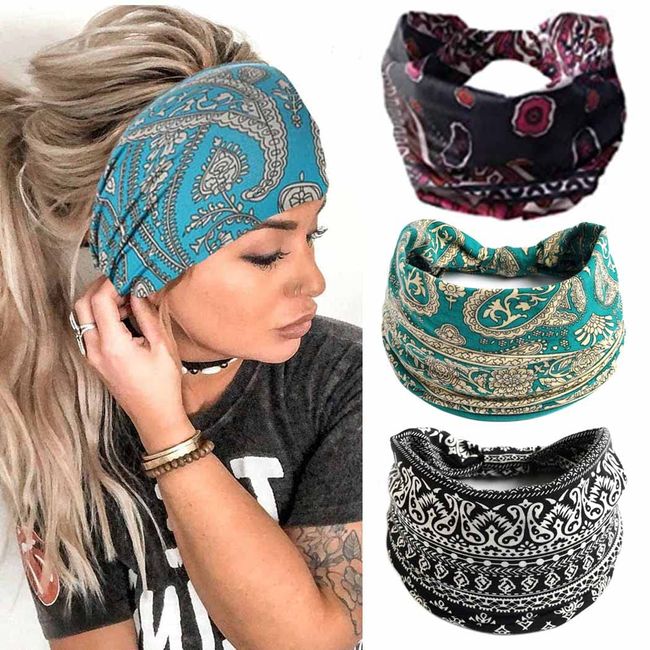 Zoestar Boho breite Stirnbänder, schwarz, Yoga-Kopftücher, Vintage-bedruckte Haarbänder, geknotet, Turban, Headwraps stilvoll, elastisch, dick, Bandeau-Haarschmuck für Damen und Mädchen (3 Stück)