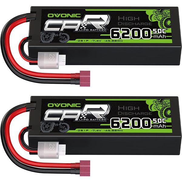 OVONIC 2S Lipo Battery 50C 6200mAh 7.4V Lipo Battery with Dean-Style T Connector for 1/8 1/10 RC Car Truck Boat Vehicles(2 Packs)