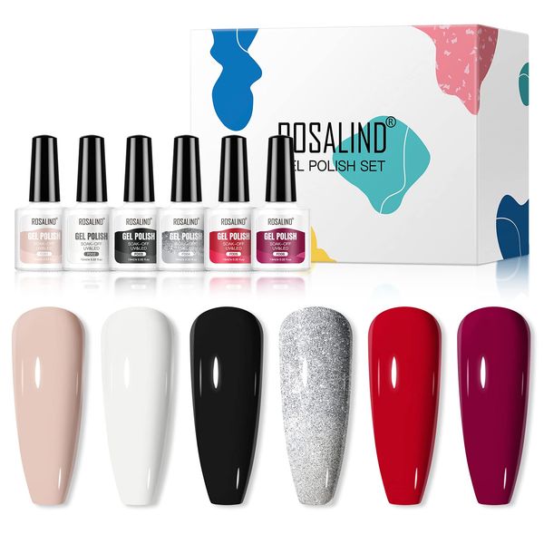 ROSALIND Gel Polish Set 6 colors 10ml Soak Off Colorful Gel Nail Polish Kit Nail Art Design for Nail Salon or DIY at Home Beauty Gift Set Cured with LED/UV Lamp (A)