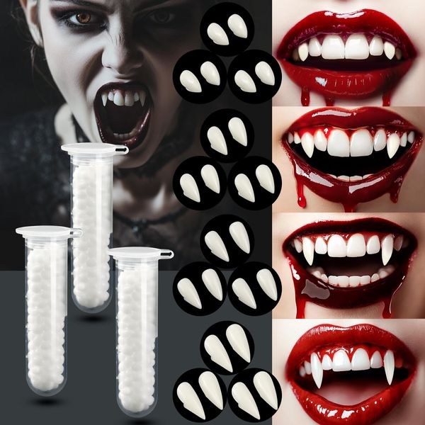 Catephe Vampire Teeth, 12 Pairs 4 Size Vampire Fangs with 3 Teeth Glue, Halloween Horror False Teeth Dentures