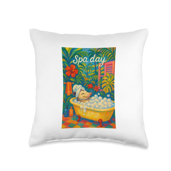 Funny Opossum Spa Bath Painting Throw Pillow