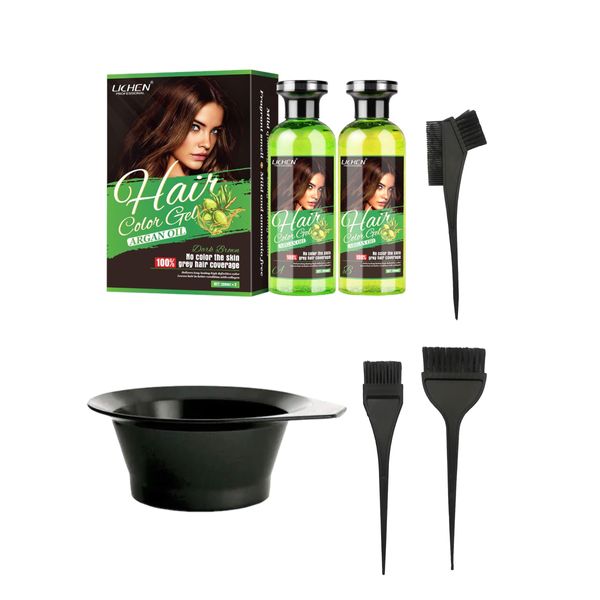 LICHEN HAIR COLOR GEL BUNDLE SET 250ml DARK BROWN, Contains Argan Oil, Fast Action Grey Coverage, Beard Dye, Dark Brown Hair Dye