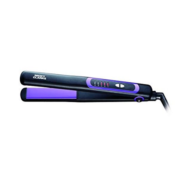 Nicky Clarke Frizz Control Straightener Ionic Technology Tourmaline Ceramic Plates, 5 Heat Settings up to 230°C Suits All Hair Types, Fast Heat Up, 360° Swivel 2m Salon Cable Black & Purple - NSS236