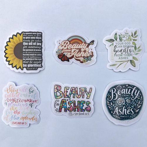 Pack 6 Isaiah 61 3 Beauty for Ashes Sticker 3 Inches Bible Verse Waterproof Vinyl Sticker Christian Religious, Jesus Faith