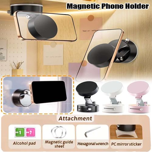Foldable Portable Vacuum Magnetic Cell Phone Holder, 360° Vacuum Magnetic Suction Car Phone Mount, Double Sided Magnetic Bracket for Car/Mirror/Gym (Pink)