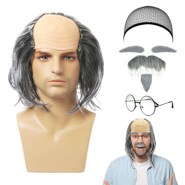 UILYNIU 7 Pcs Grandpa Semi Bald Wig Set Grandpa Wig Mustache Fake Beard Eyebrows Glasses Wig Cap Grandpa Costume Wig Men's Wig Old Man Wig Scientist Wig Funny Wigs Men's Dress up Accessories (7 Pcs)