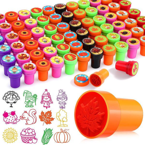 Jenaai 72 Pcs Fall Stampers for Kids Fall Party Favors Autumn Self Ink Stamps Bulk Thanksgiving Party Favors Assorted Kids Stamps Fall Toys for Party Gift Goody Bag Filler Treats, Classroom Rewards