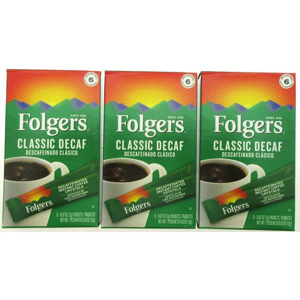 Folgers Classic Decaf Instant Medium Roast Coffee 3 Boxes/18 Packets