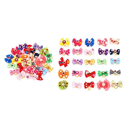 Dog Ribbon Charm with Rubber Random 50 Pieces Pet Ribbon Bowknot Hair Accessory Hair Band Hair Elastic Hair Ornament