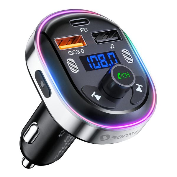 SONRU​ Bluetooth 5.3 Fm Transmitter for Car, Bluetooth Car Adapter with Dual USB Charger 48w Pd&Qc3.0 USB 7 Colored LED Backlit Light Support Handsfree Calling