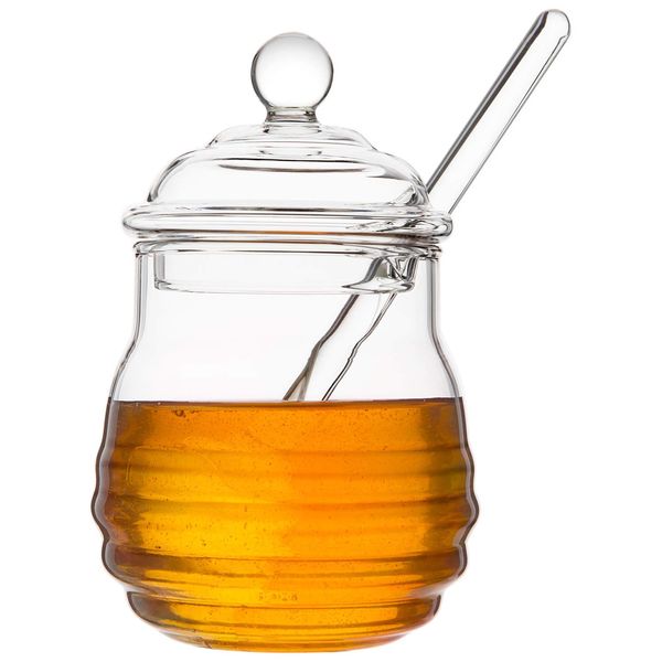 Mkouo Glass Honey Jar with Dipper Transparent Honey Pot 265 ml, 9 Ounces