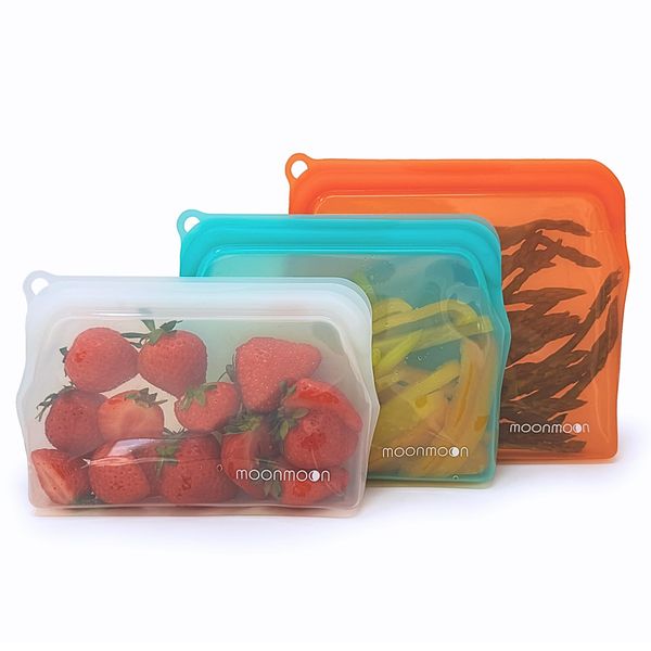 Moonmoon Reusable Silicone Freezer Bags | Leakproof Fridge & Freezer Storage | Resealable Food Bags for Sandwiches, Snacks & Soup (Set of 3). Plastic Free.