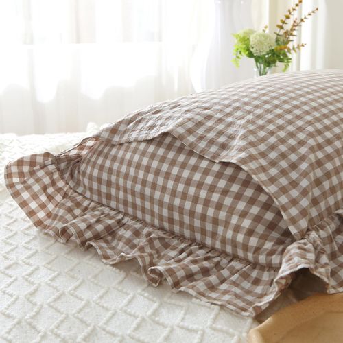 Mywinlle Taupe/White Plaid Ruffle Pillow Shams Queen Size 20"x30",Shabby Checkered Gingham Washed Cotton Pillow Covers Set of 2