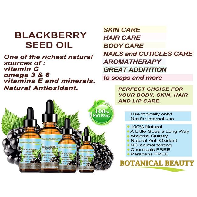 Botanical Beauty BLACKBERRY SEED OIL 100% Pure Natural Virgin Unrefined. Cold Pressed Undiluted Carrier Oil. 0.5 fl.oz -15 ml. for Face, Skin, Body, Hair, Anti-Aging Face Oil