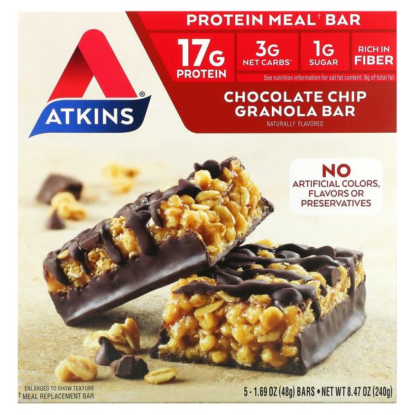 Atkins Meal Chocolate Chip Granola Bar 5 Bars 1 7 oz 48 g Each Atkins Diet, No