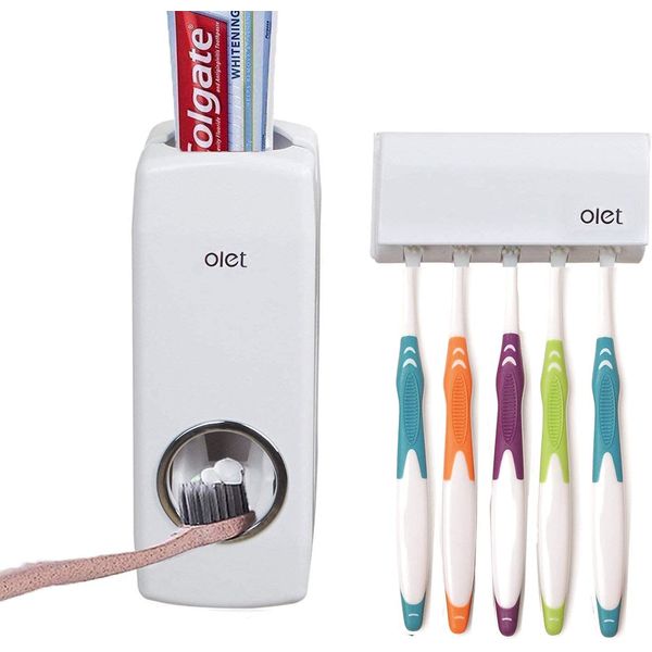 TOWOMO Olet Automatic Toothpaste Dispenser, Toothpaste Squeezing and Tooth Brush Holder Set(5 Brushs Set). White