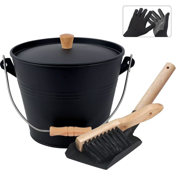 1.3 Gallon Metal Ash Bucket with Lid, Includes Shovel and Gloves for Fireplace