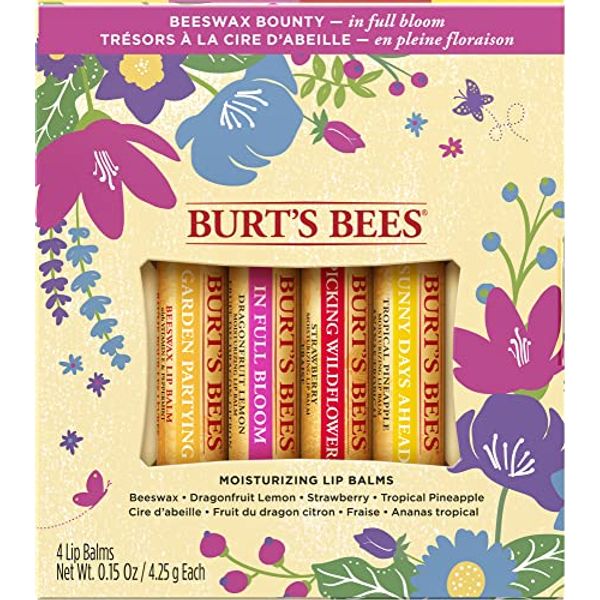 Burt's Bees Gifts, 4 Lip Balm Products, In Full Bloom Set - Original Beeswax, Dragonfruit Lemon, Tropical Pineapple & Strawberry (4 Pack)