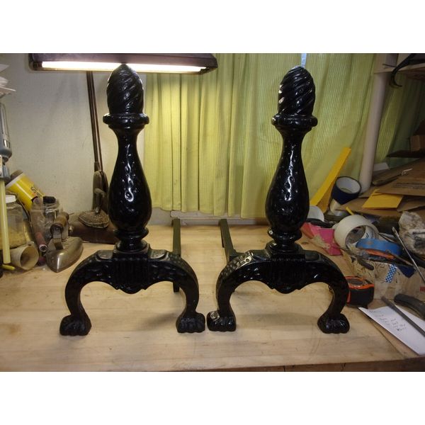 Vtg Cast Iron Andirons Acorn Finials Footed #2057 19"L, 11"W ,19"H FREE SHIPPING