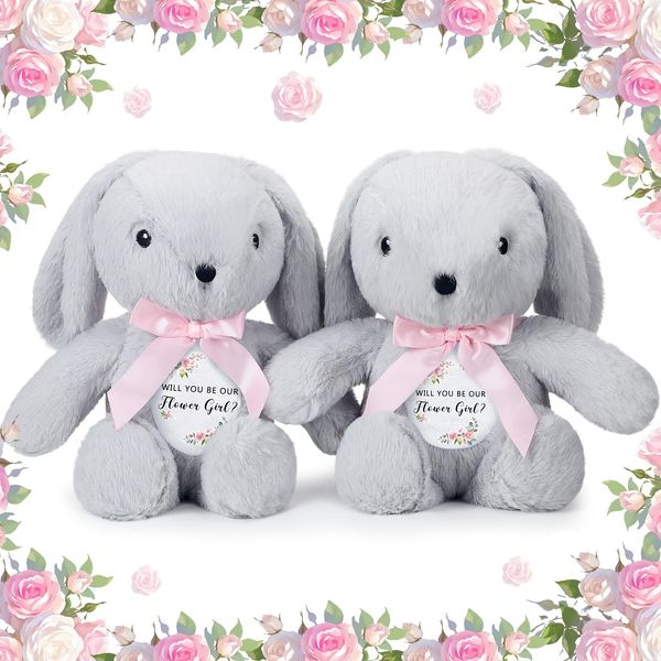 HyDren 2 Pieces Flower Girl Gifts Wedding 10 Inch Bunny Stuffed Animal Will You Be Our Flower Girl Proposal Gifts from Bride for Wedding Proposal Anniversary Party