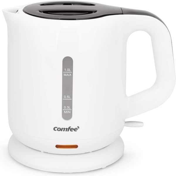 COMFEE' MK-08D03A Electric Kettle, 3.3 gal (1.0 L), Quick Boiling, Prevents Empty Heating, Automatic Boiling Off Function, Easy to Clean, Compact, Simple, Ideal for Living Alone, White