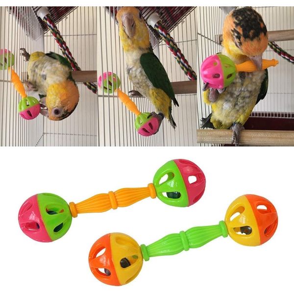 Rosojodg 2Pcs Multi-Color Bird Parrot Toy Rattle Birds Fun Exercise Plastic Double-Headed Bell Pet Toys Dumbell Foot Toy Small and Medium Birds Foraging Foot Toy Bird Toys