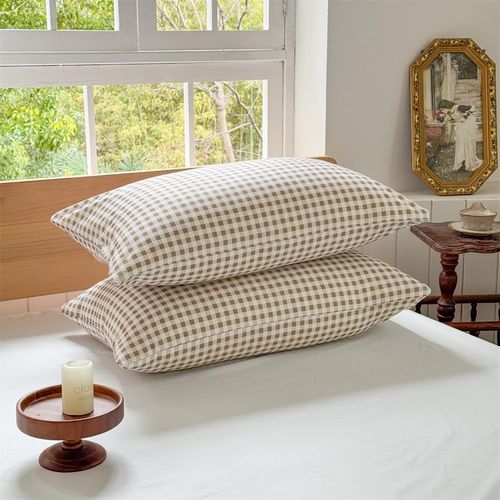 Tan Gingham Plaid Standard Size Pillow Shams 20"x26", Set of 2 Taupe Checked Pre-Washed Microfiber Farmhouse Pillowcases for Bed/Sofa (20"x26", Tan Gingham)