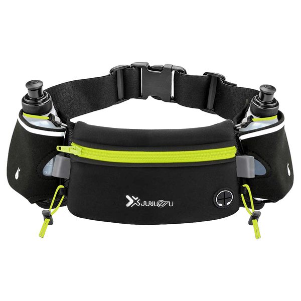 Number-one Laufgürtel mit Wasserflaschen (2 x 175 ml), Trinkgürtel, wasserdichte Hüfttasche für iPhone, verstellbare Sporttasche für Marathon, Laufen, Wandern, Radfahren, Grün, 80cm*12cm*0.5cm