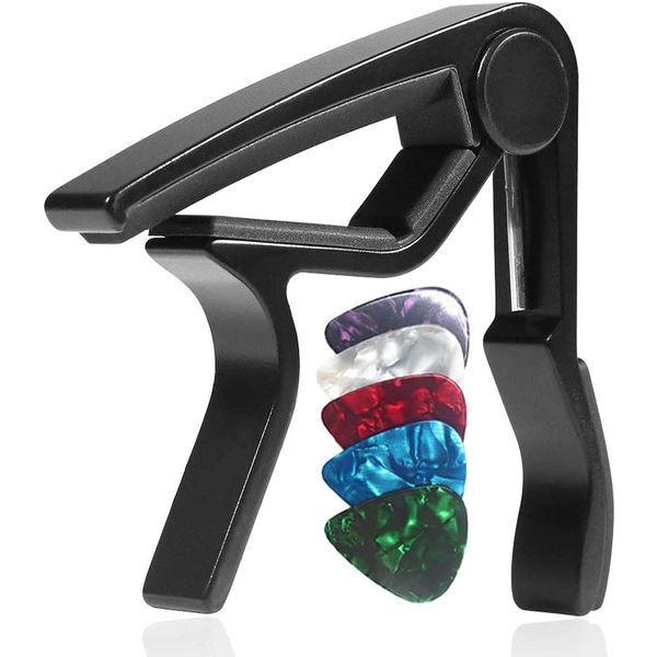 WINGO One Touch Guitar Capotast, Electric Guitar, Acoustic Capo (Black) - 5 Picks