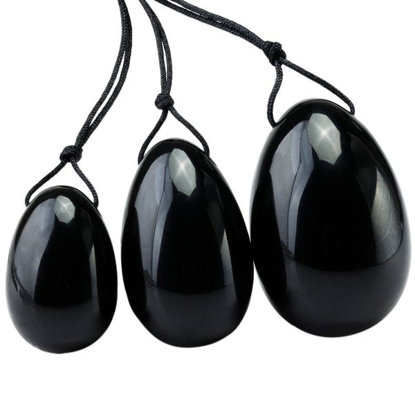 mookaitedecor Black Obsidian Yoni Eggs Set of 3, Predrilled with Unwaxed String, Massage Stones for Women to Strengthen Pelvic Floor Muscles with Velvet Pouch