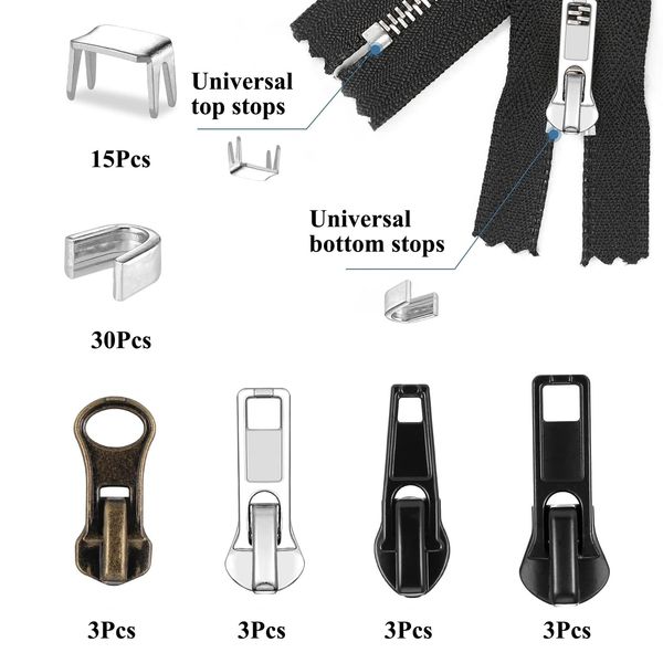 wimony 57 Pcs Metal Zipper Replacement Repair Kit,Universal Zipper Pulls with Top and Bottom Stoppers,Black/Silver/Copper Zips Fix Slider Kit for Coats Jacket,Luggage,Backpacks