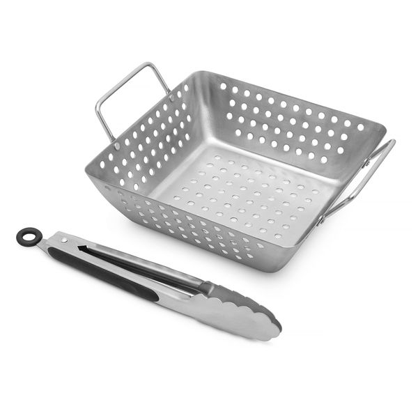 NEVRY BBQ Grill Basket and Tongs - Stainless Steel Silver - Medium Size Tray with High Sides - Outdoor Barbecue Grilling for Vegetables, Meat, and Prawns - Comes with Spring Loaded Tongs