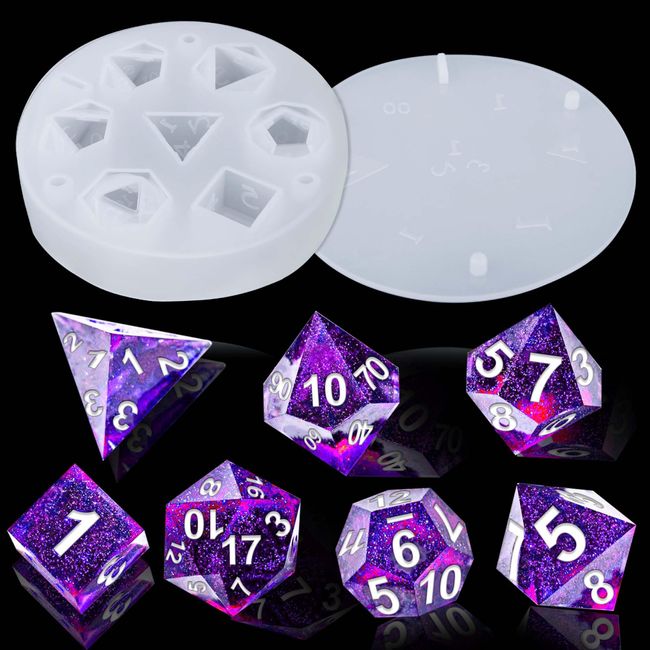 Juome Dice Resin Molds Silicone, DND Dice Silicone Molds for Epoxy Resin Casting with 7 Standard Stereoscopic Dice Cavities, Resin Mold for DIY Dices Making, Table Board Game Dice Lovers Gift