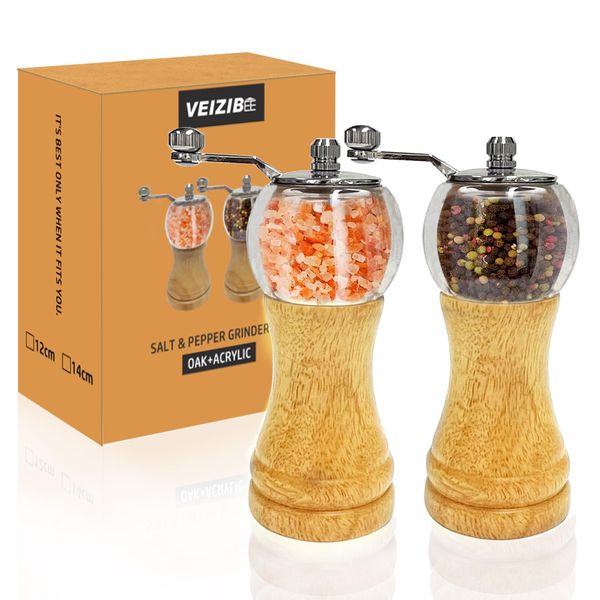 VEIZIBEE Classical Hand Shake Wood Pepper Grinder Set & Gorgeous Salt, Wooden&Acrylic,Ceramic Blades&Upgrade metal handle, Enjoy Your Best Fresh Ground Pepper Sea Salts And Various spices (6''-A-2pcs)