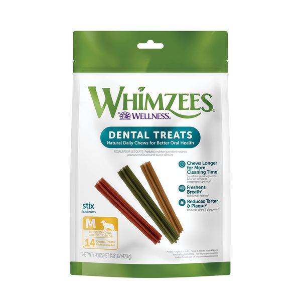 WHIMZEES by Wellness Stix Natural Dental Chews for Dogs, 3X Longer Lasting & Grain-Free, Freshen Breath & Fight Plaque & Tartar, Medium Breed, 14 Count