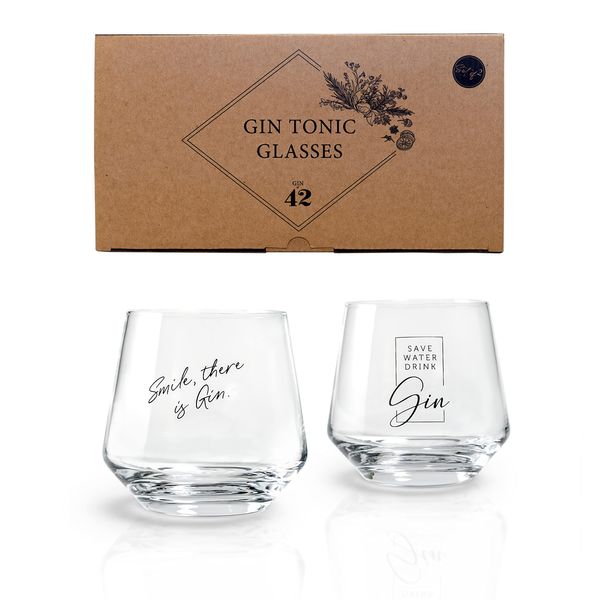 Gin Tonic Gläser - 2er Geschenkset mit typischen Gin Sprüchen | 2 x 400 ml | Gin Gläser Set | Geeignet für große Eiswürfel | Spülmaschinengeeignet | Geschenkidee für Frauen und Männer