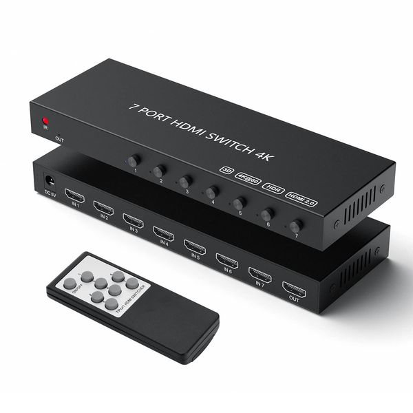 HDMI Switch 7 in 1 Out,Wrugste HDMI Switcher Box mit IR-Fernbedienung,HDMI2.0 Unterstützung 4K@60Hz HDR, HDCP, 3D, 1080P für Fire Stick Roku PS4/5 Xbox Gaming Konsolen