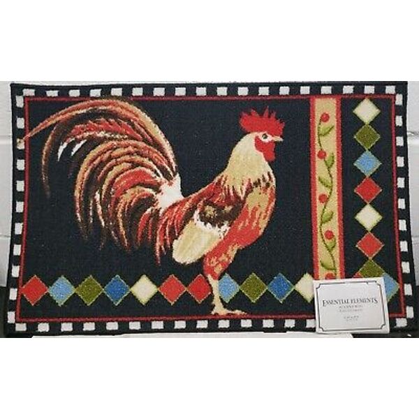 KITCHEN PRINTED ACCENT RUG (nonskid back) (17" x 28") ROOSTER ON BLACK, EE