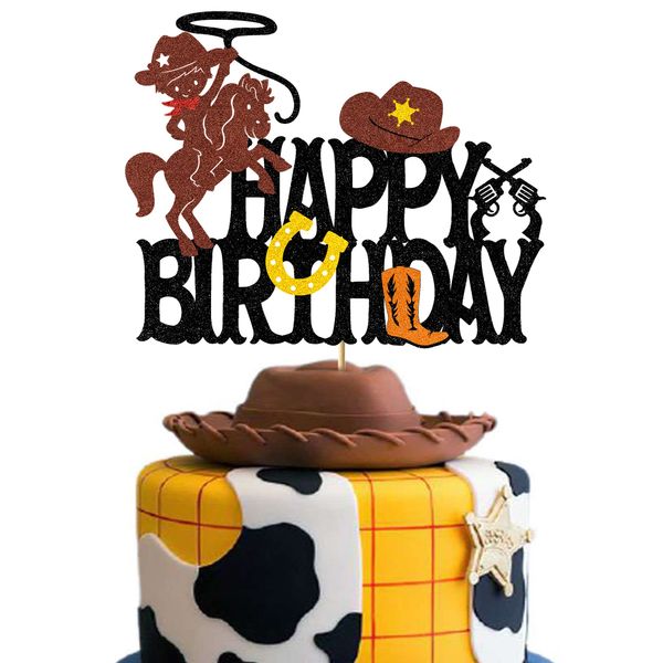 Cowboy Cake Topper Western Happy Birthday Decorations Glitter Cowboy Hat Cake Toppers Decorations for Boys Cowboys Baby Shower Party Supplies