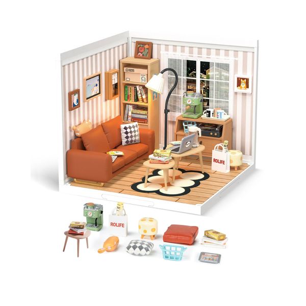 Rolife DIY Miniature Plastic House Building Set Toys Playset with LED Suitable for Mini Figures Construction Toys Diorama Kit Gifts for Teens Adults (Cozy Living Lounge)