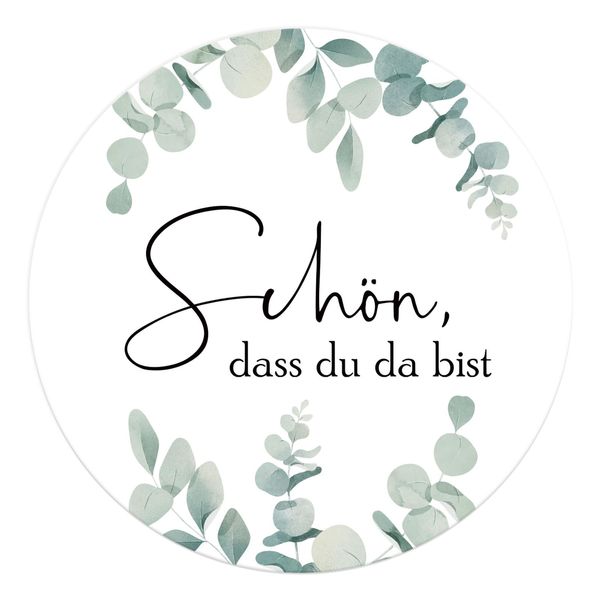 BETESSIN 120 Stück Gastgeschenke Hochzeit Aufkleber 4cm - Schön dass du da bist - Selbstklebende Etiketten im Eukalyptus Design - Hochzeit Sticker für Karten, Papiertüten und Geschenkverpackungen