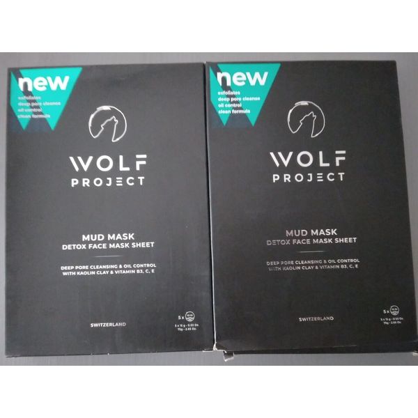 2 Boxes Wolf Project - Mud Mask Detox Face Mask Sheet - 5 Masks - New in box