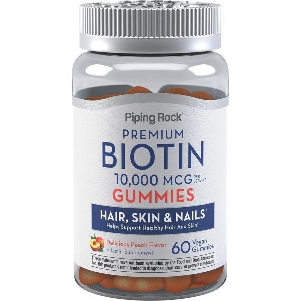 Piping Rock Biotin 10000mcg 60 Gummies Hair Skin and Nails Vegan Formula Peach Flavor Premium Vitamin Supplement GMO Free Gluten